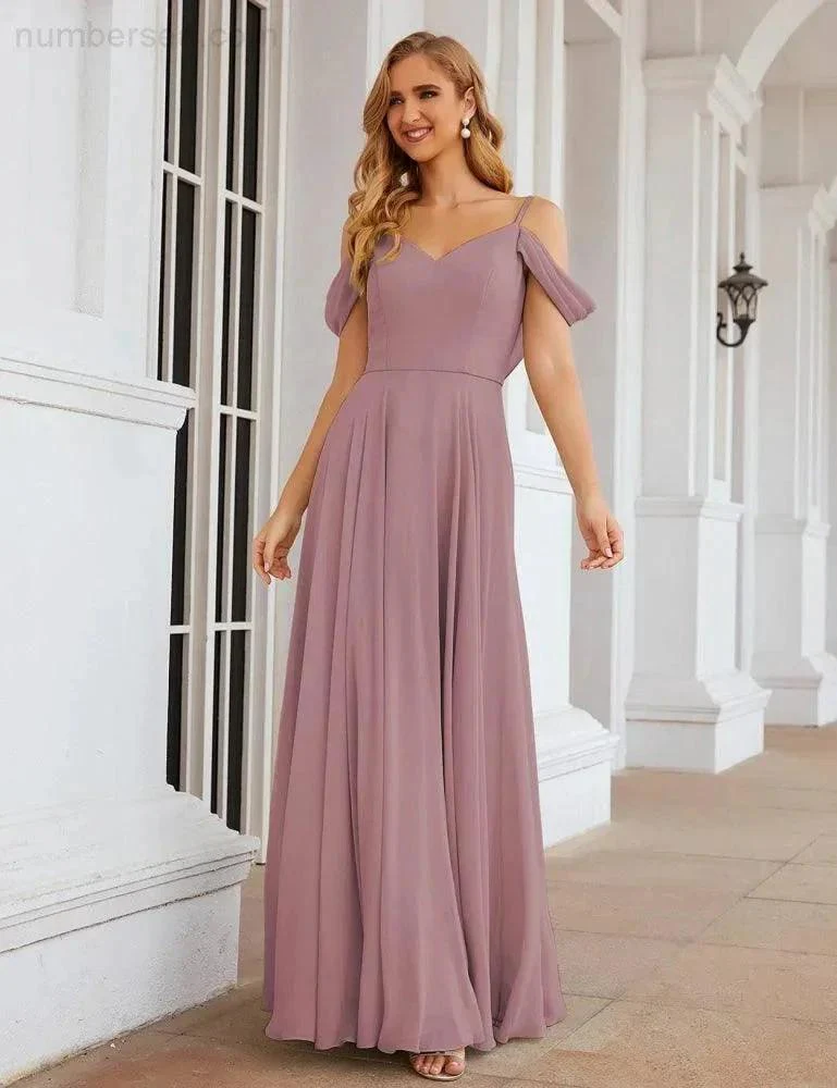 Numbersea Cold Shoulder Chiffon Bridesmaid Dresses Long Maxi Formal Prom Gowns for Women Party  SEA28059 - Image 20