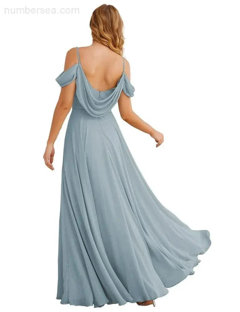 Numbersea Cold Shoulder Chiffon Bridesmaid Dresses Long Maxi Formal Prom Gowns for Women Party  SEA28059 - Image 22
