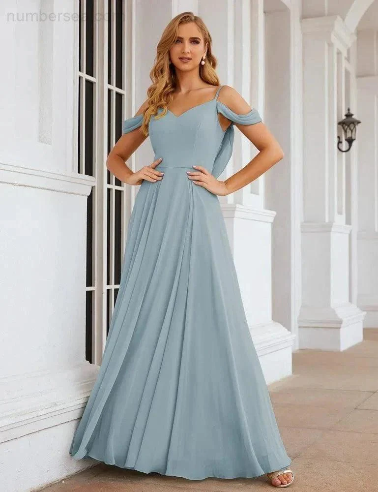 Numbersea Cold Shoulder Chiffon Bridesmaid Dresses Long Maxi Formal Prom Gowns for Women Party  SEA28059 - Image 23