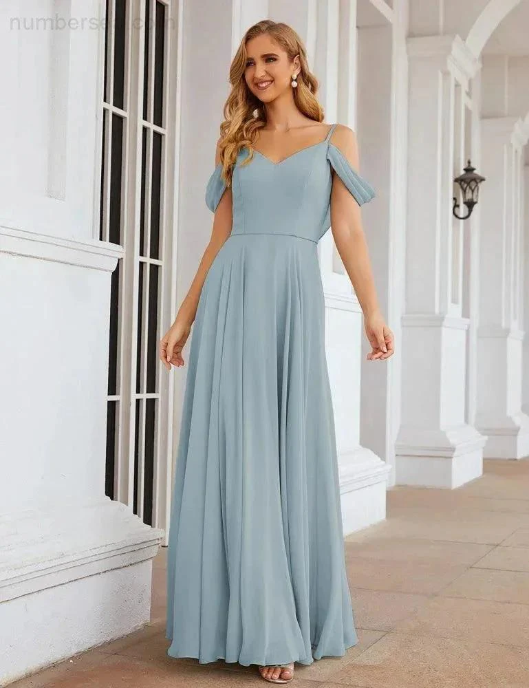 Numbersea Cold Shoulder Chiffon Bridesmaid Dresses Long Maxi Formal Prom Gowns for Women Party  SEA28059 - Image 24