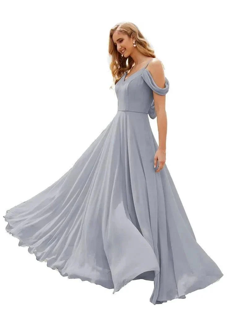 Numbersea Cold Shoulder Chiffon Bridesmaid Dresses Long Maxi Formal Prom Gowns for Women Party  SEA28059 - Image 25