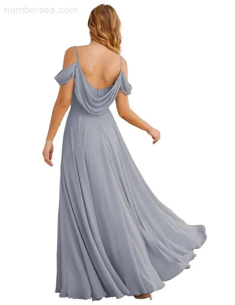 Numbersea Cold Shoulder Chiffon Bridesmaid Dresses Long Maxi Formal Prom Gowns for Women Party  SEA28059 - Image 26