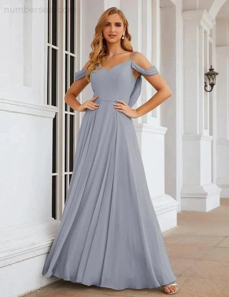 Numbersea Cold Shoulder Chiffon Bridesmaid Dresses Long Maxi Formal Prom Gowns for Women Party  SEA28059 - Image 27