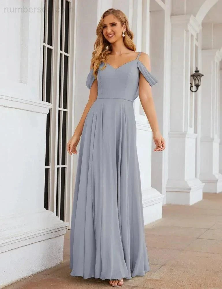 Numbersea Cold Shoulder Chiffon Bridesmaid Dresses Long Maxi Formal Prom Gowns for Women Party  SEA28059 - Image 28