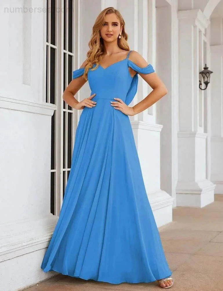 Numbersea Cold Shoulder Chiffon Bridesmaid Dresses Long Maxi Formal Prom Gowns for Women Party  SEA28059 - Image 3