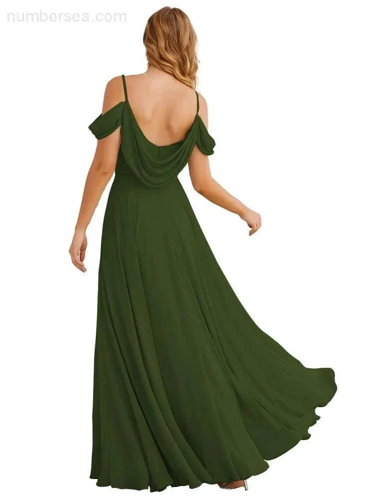 Numbersea Cold Shoulder Chiffon Bridesmaid Dresses Long Maxi Formal Prom Gowns for Women Party  SEA28059 - Image 30