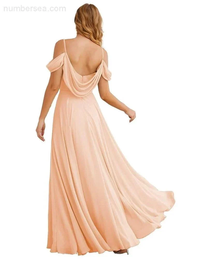 Numbersea Cold Shoulder Chiffon Bridesmaid Dresses Long Maxi Formal Prom Gowns for Women Party  SEA28059 - Image 34