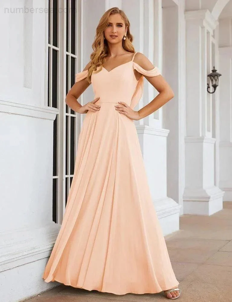 Numbersea Cold Shoulder Chiffon Bridesmaid Dresses Long Maxi Formal Prom Gowns for Women Party  SEA28059 - Image 35