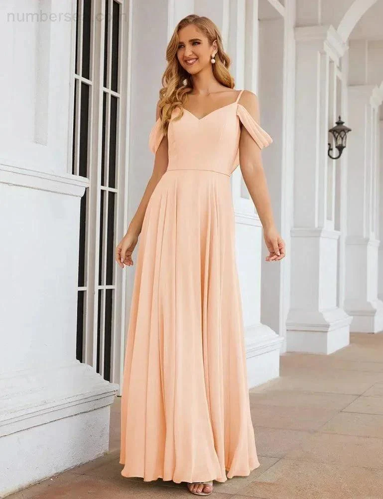 Numbersea Cold Shoulder Chiffon Bridesmaid Dresses Long Maxi Formal Prom Gowns for Women Party  SEA28059 - Image 36