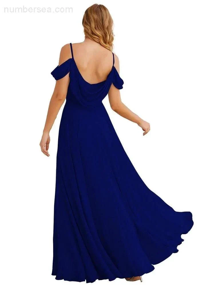 Numbersea Cold Shoulder Chiffon Bridesmaid Dresses Long Maxi Formal Prom Gowns for Women Party  SEA28059 - Image 38