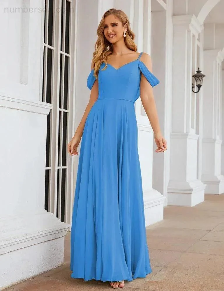 Numbersea Cold Shoulder Chiffon Bridesmaid Dresses Long Maxi Formal Prom Gowns for Women Party  SEA28059 - Image 4