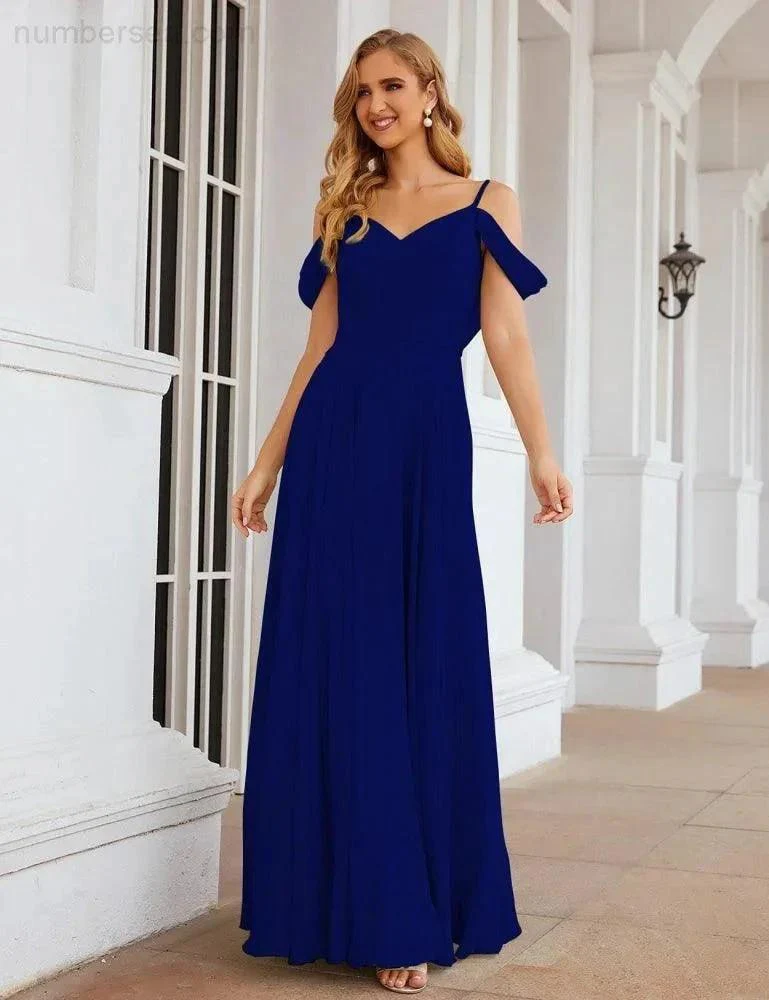 Numbersea Cold Shoulder Chiffon Bridesmaid Dresses Long Maxi Formal Prom Gowns for Women Party  SEA28059 - Image 40
