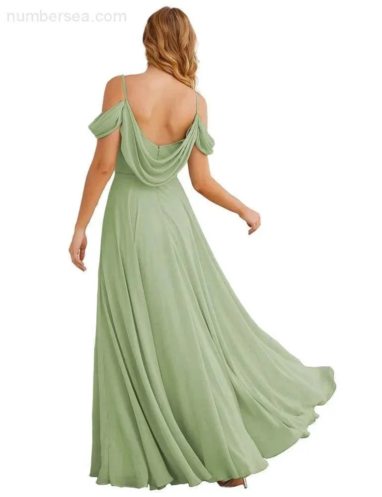 Numbersea Cold Shoulder Chiffon Bridesmaid Dresses Long Maxi Formal Prom Gowns for Women Party  SEA28059 - Image 42