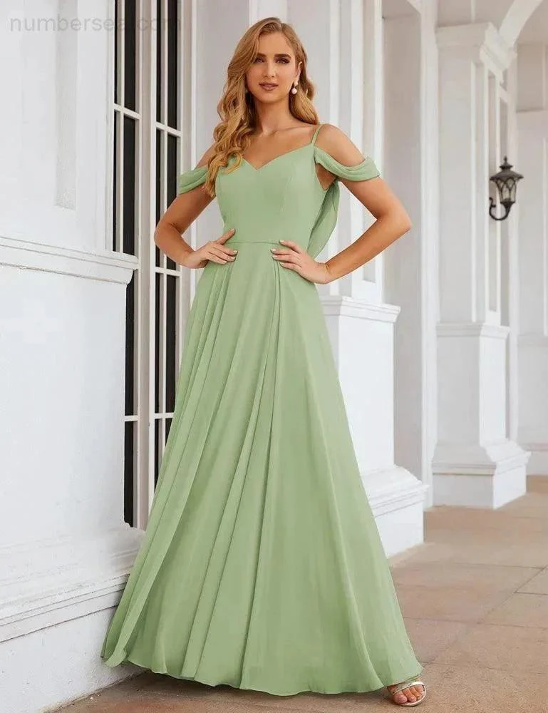 Numbersea Cold Shoulder Chiffon Bridesmaid Dresses Long Maxi Formal Prom Gowns for Women Party  SEA28059 - Image 43