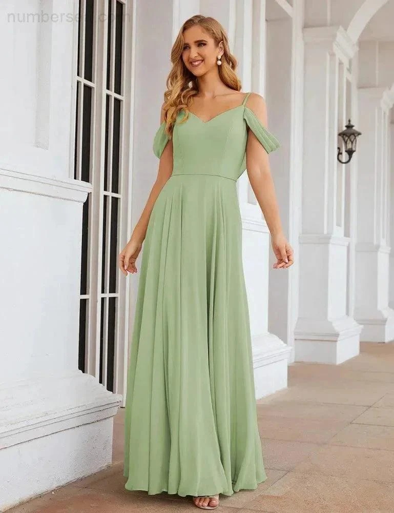 Numbersea Cold Shoulder Chiffon Bridesmaid Dresses Long Maxi Formal Prom Gowns for Women Party  SEA28059 - Image 44
