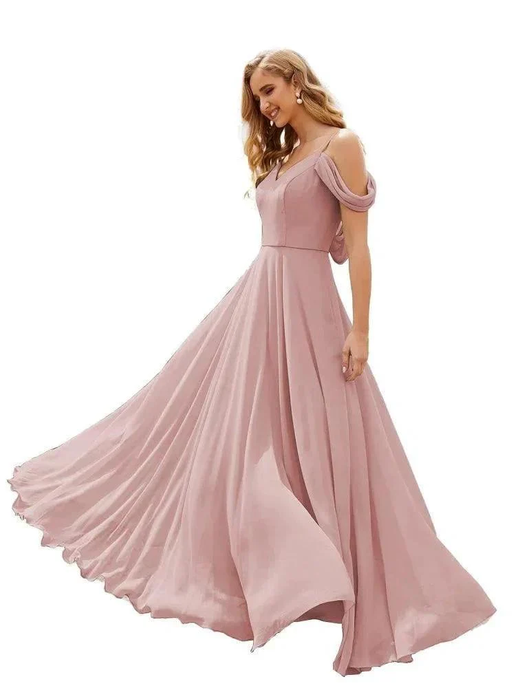Numbersea Cold Shoulder Chiffon Bridesmaid Dresses Long Maxi Formal Prom Gowns for Women Party  SEA28059 - Image 45