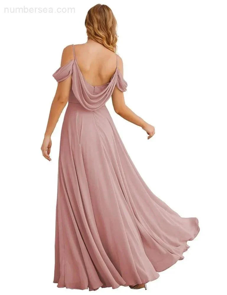 Numbersea Cold Shoulder Chiffon Bridesmaid Dresses Long Maxi Formal Prom Gowns for Women Party  SEA28059 - Image 46