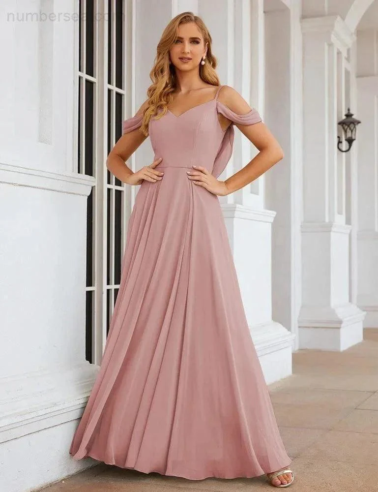 Numbersea Cold Shoulder Chiffon Bridesmaid Dresses Long Maxi Formal Prom Gowns for Women Party  SEA28059 - Image 47