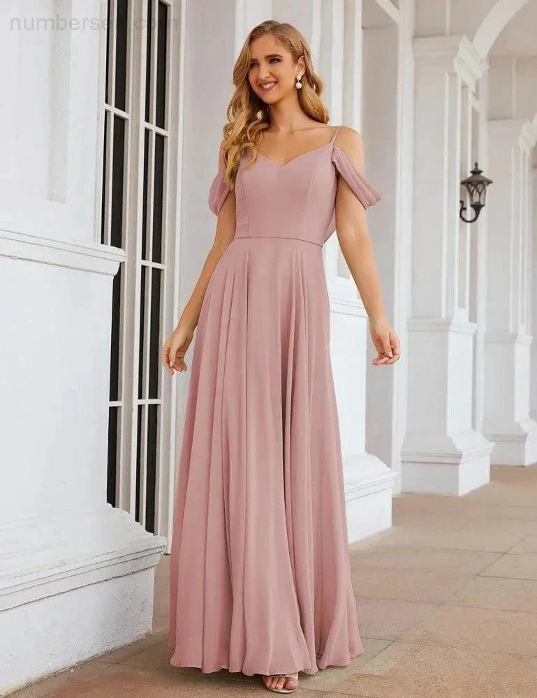 Numbersea Cold Shoulder Chiffon Bridesmaid Dresses Long Maxi Formal Prom Gowns for Women Party  SEA28059 - Image 48