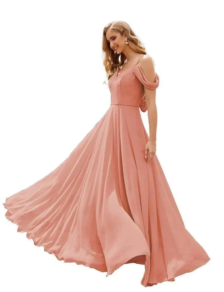 Numbersea Cold Shoulder Chiffon Bridesmaid Dresses Long Maxi Formal Prom Gowns for Women Party  SEA28059 - Image 5