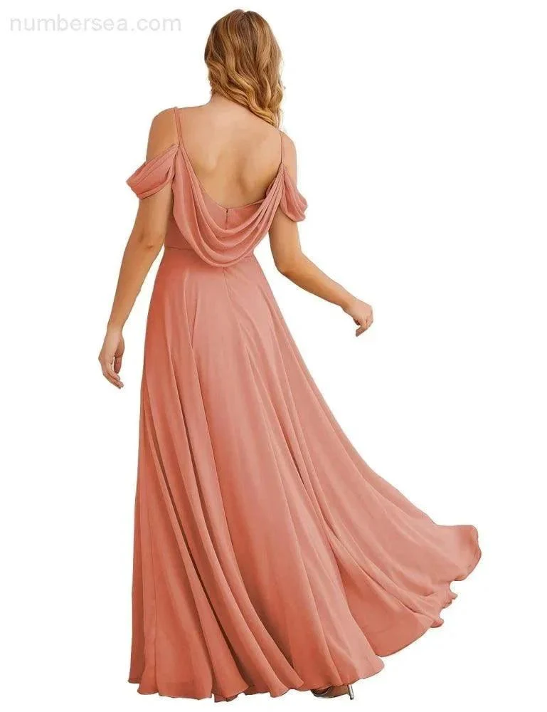 Numbersea Cold Shoulder Chiffon Bridesmaid Dresses Long Maxi Formal Prom Gowns for Women Party  SEA28059 - Image 6