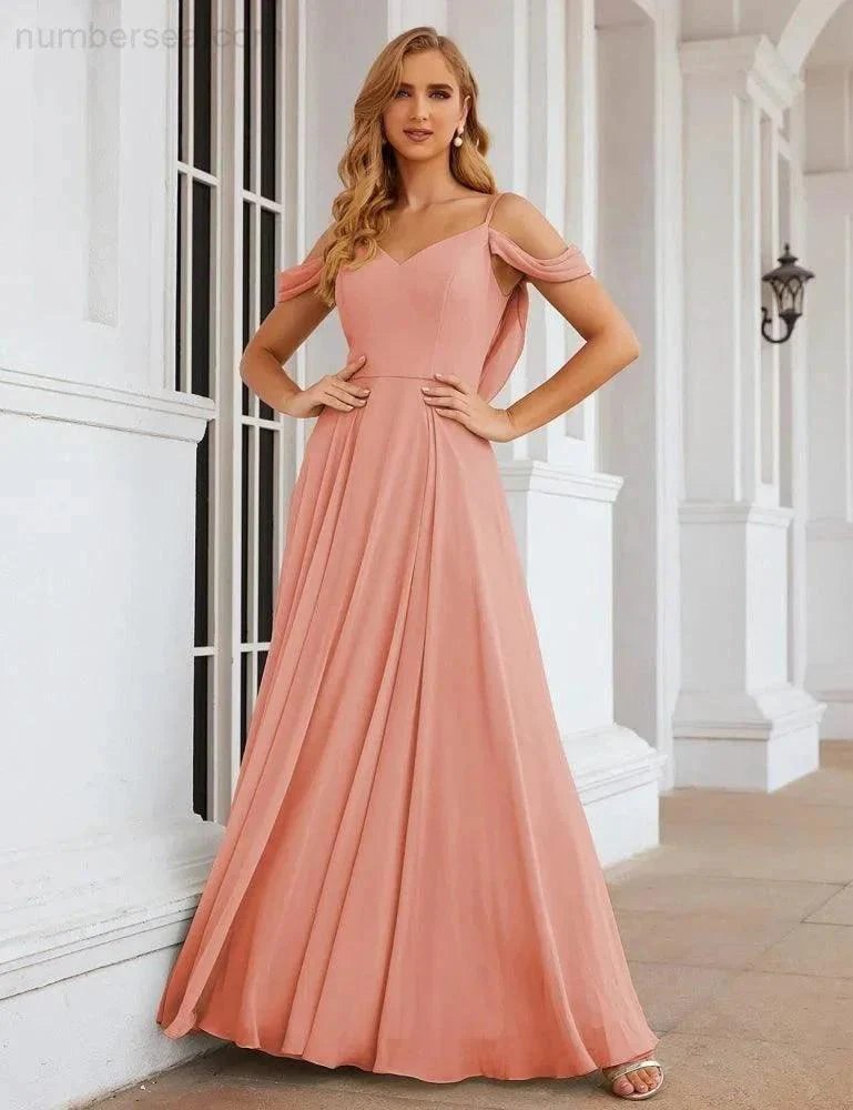 Numbersea Cold Shoulder Chiffon Bridesmaid Dresses Long Maxi Formal Prom Gowns for Women Party  SEA28059 - Image 7