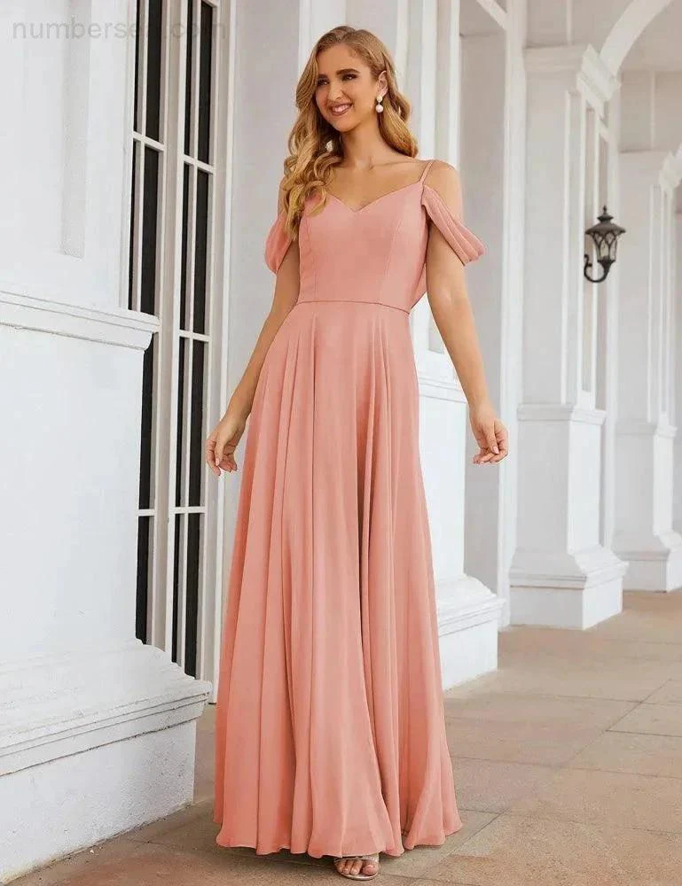 Numbersea Cold Shoulder Chiffon Bridesmaid Dresses Long Maxi Formal Prom Gowns for Women Party  SEA28059 - Image 8