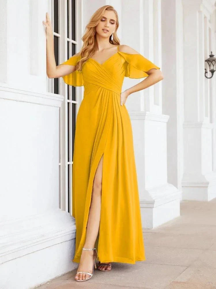 Numbersea Cold Shoulder Long Bridesmaid Dresses Side Slit Formal Prom Gowns Party Wedding 28070 - Image 3