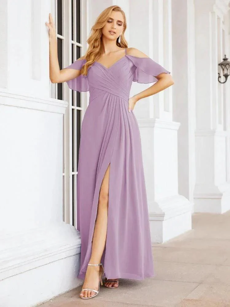 Numbersea Cold Shoulder Long Bridesmaid Dresses Side Slit Formal Prom Gowns Party Wedding 28070 - Image 41