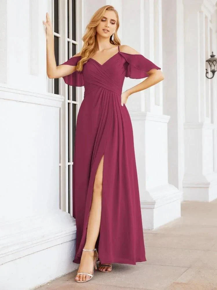Numbersea Cold Shoulder Long Bridesmaid Dresses Side Slit Formal Prom Gowns Party Wedding 28070 - Image 67