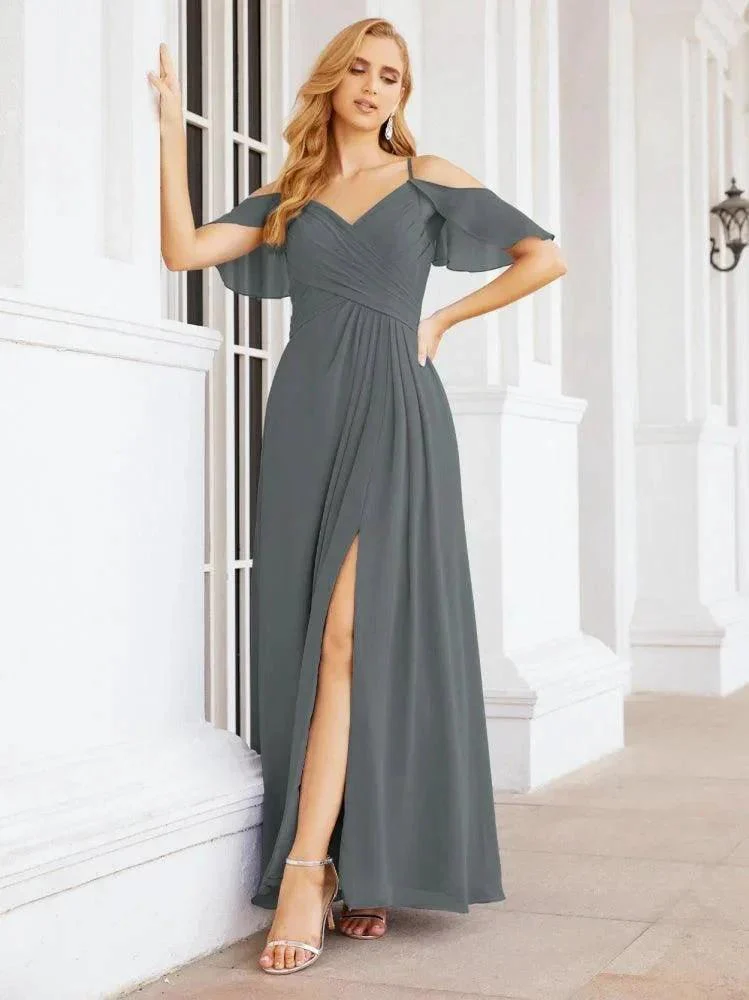 Numbersea Cold Shoulder Long Bridesmaid Dresses Side Slit Formal Prom Gowns Party Wedding 28070 - Image 75