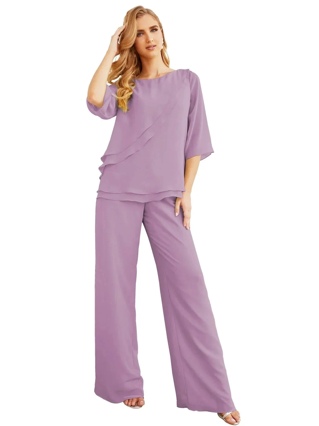 Sunnderly Elegant 2 Piece Mother of The Bride Dress Plus Size Pant Suits Ruffle Layers Sliver Housecoat SY28064 - Image 100