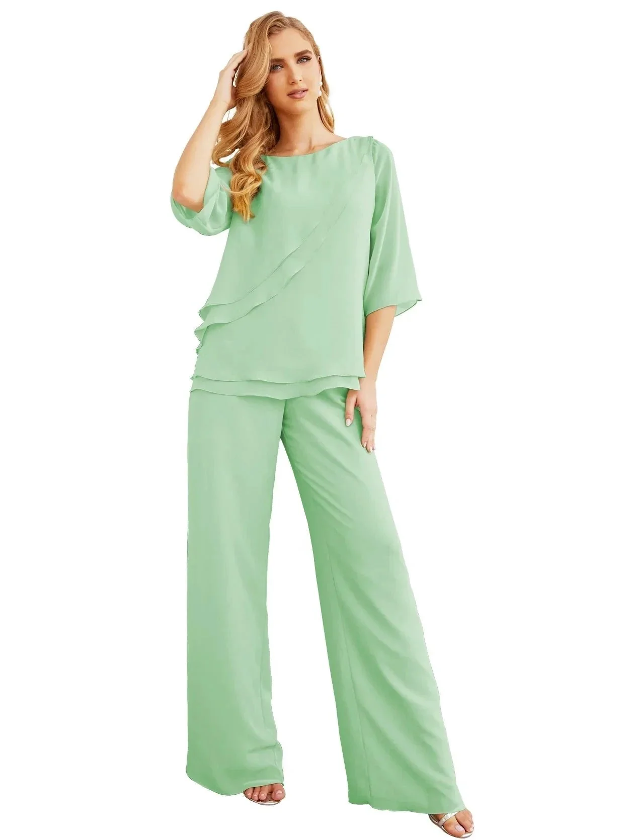 Sunnderly Elegant 2 Piece Mother of The Bride Dress Plus Size Pant Suits Ruffle Layers Sliver Housecoat SY28064 - Image 105