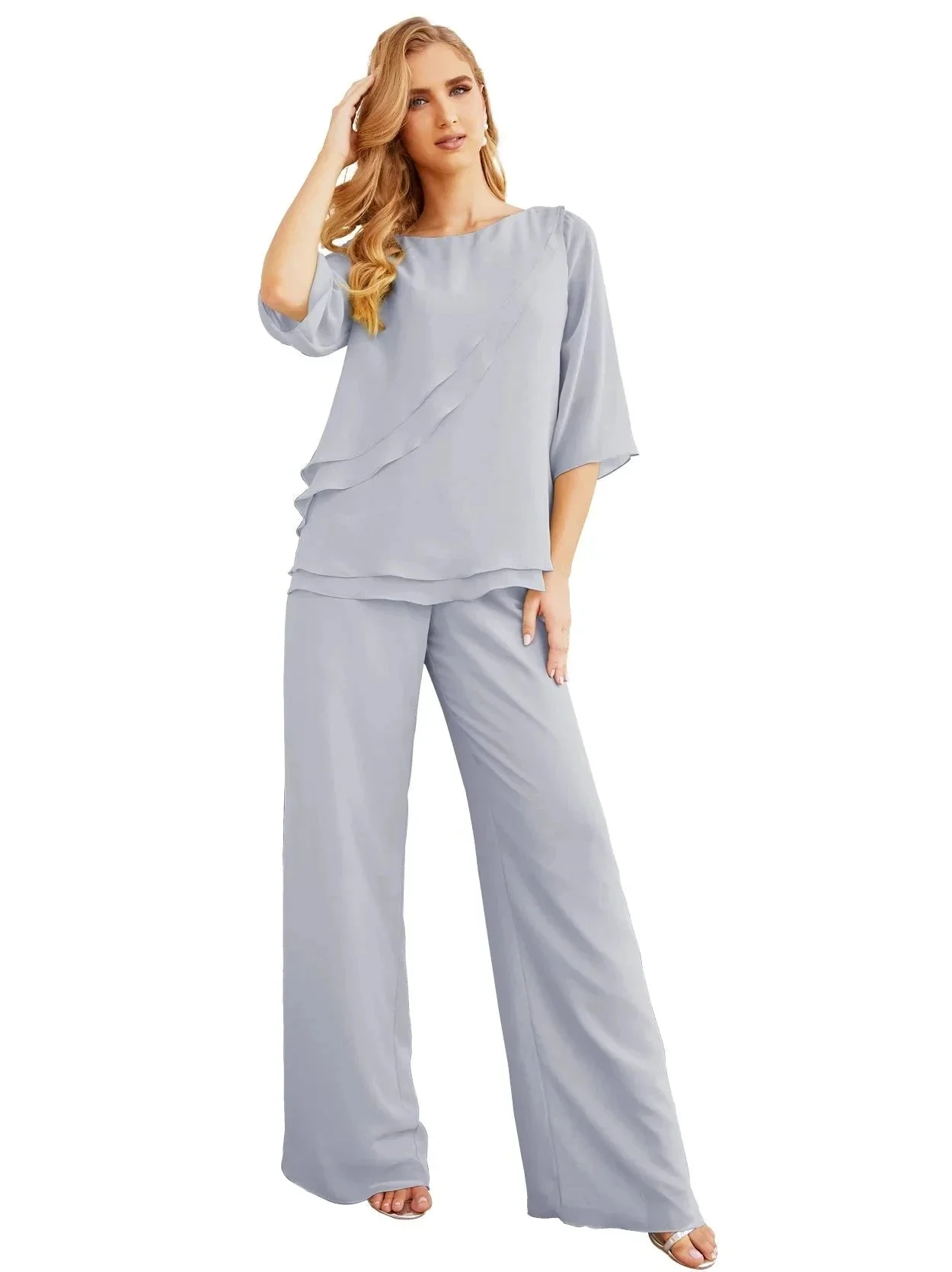 Sunnderly Elegant 2 Piece Mother of The Bride Dress Plus Size Pant Suits Ruffle Layers Sliver Housecoat SY28064 - Image 11