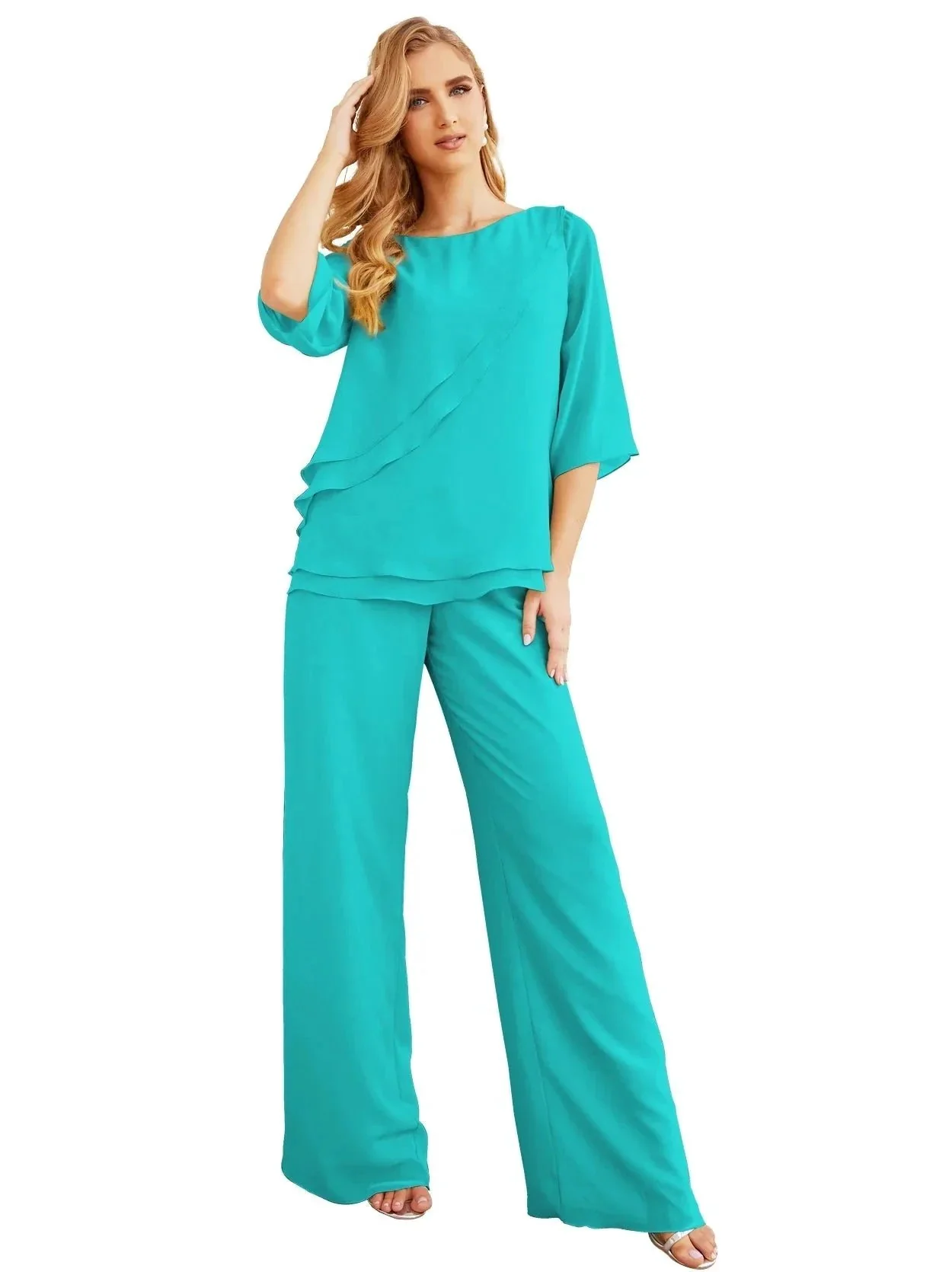 Sunnderly Elegant 2 Piece Mother of The Bride Dress Plus Size Pant Suits Ruffle Layers Sliver Housecoat SY28064 - Image 110