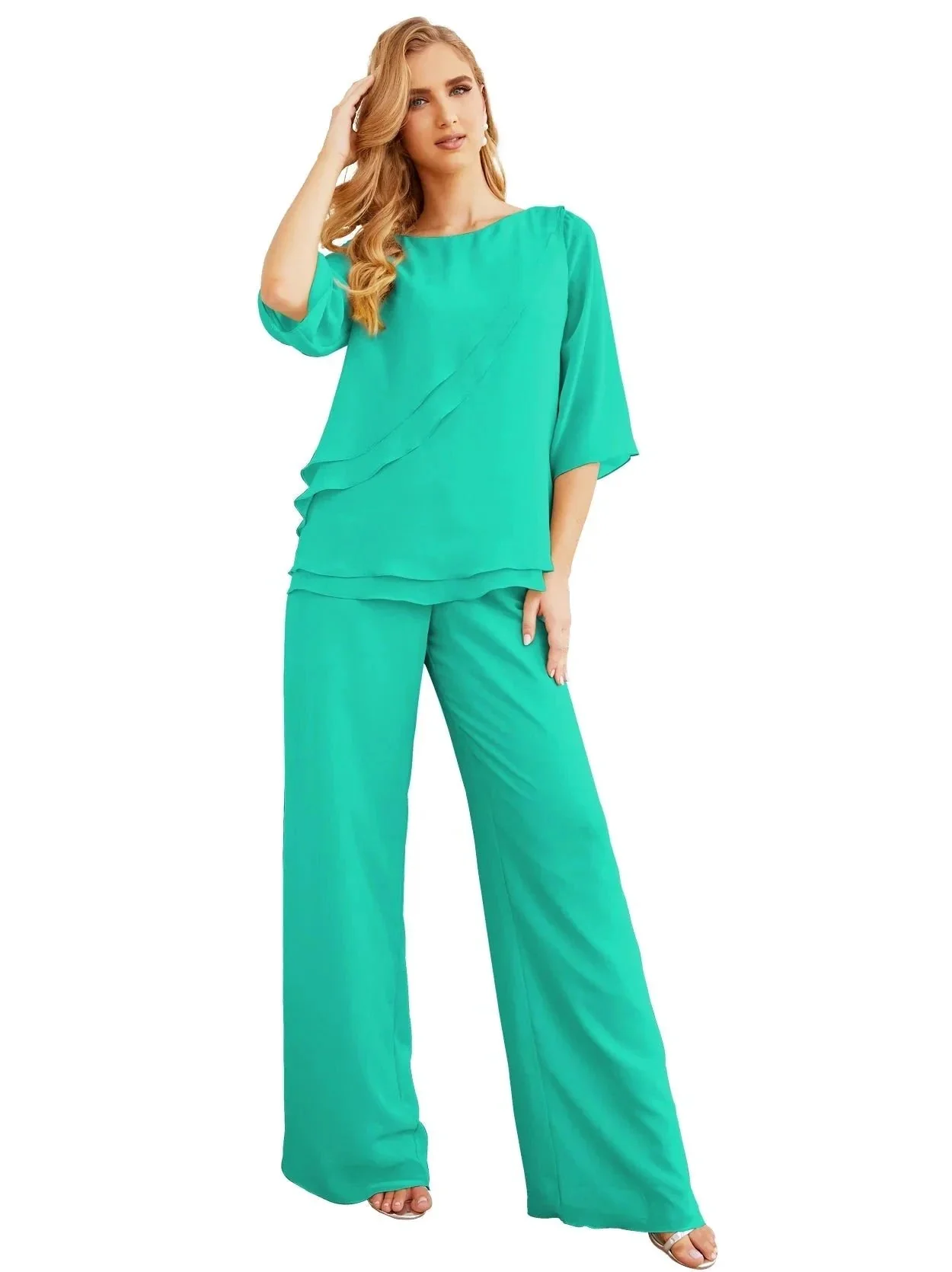 Sunnderly Elegant 2 Piece Mother of The Bride Dress Plus Size Pant Suits Ruffle Layers Sliver Housecoat SY28064 - Image 155