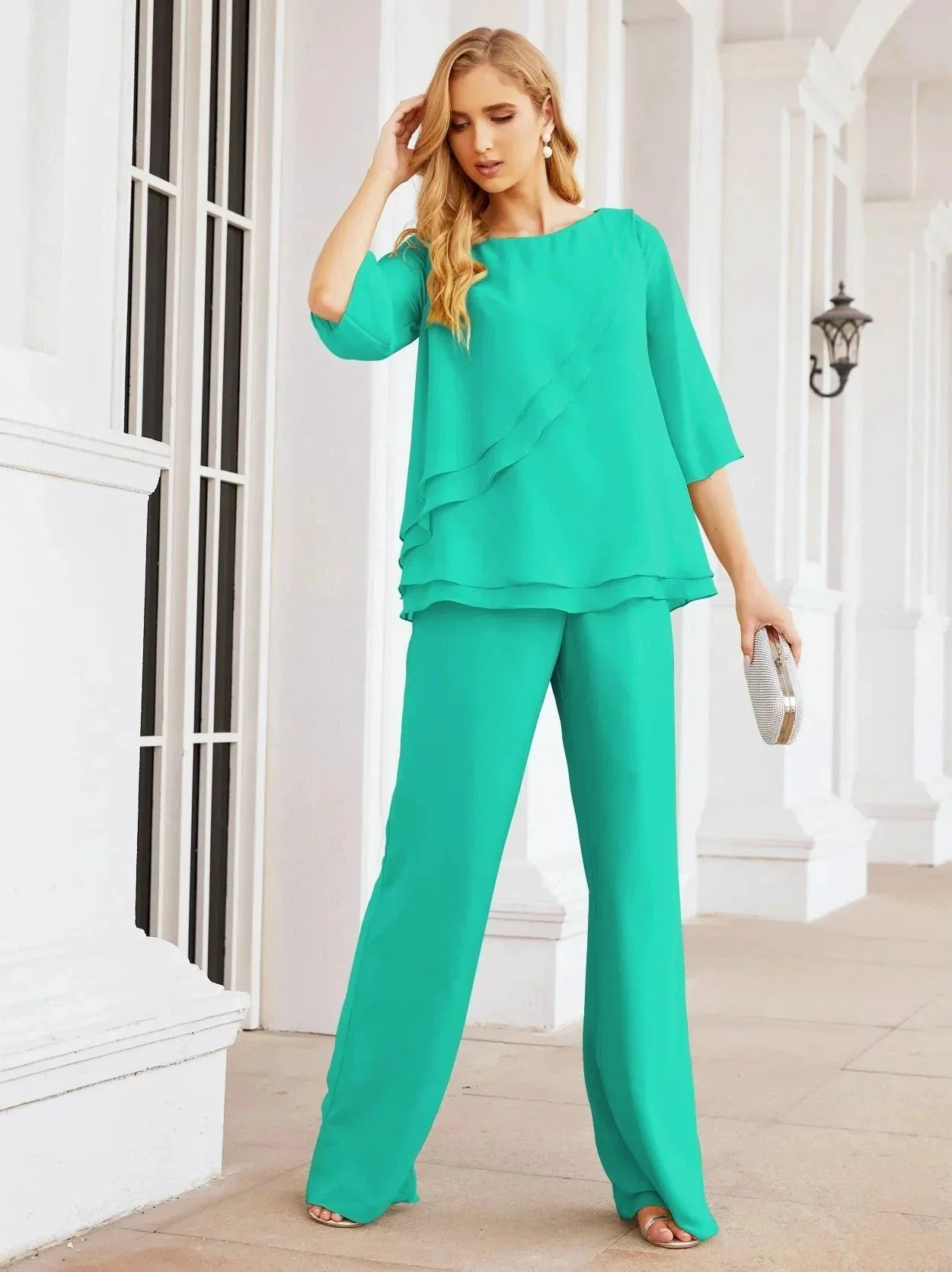Sunnderly Elegant 2 Piece Mother of The Bride Dress Plus Size Pant Suits Ruffle Layers Sliver Housecoat SY28064 - Image 158