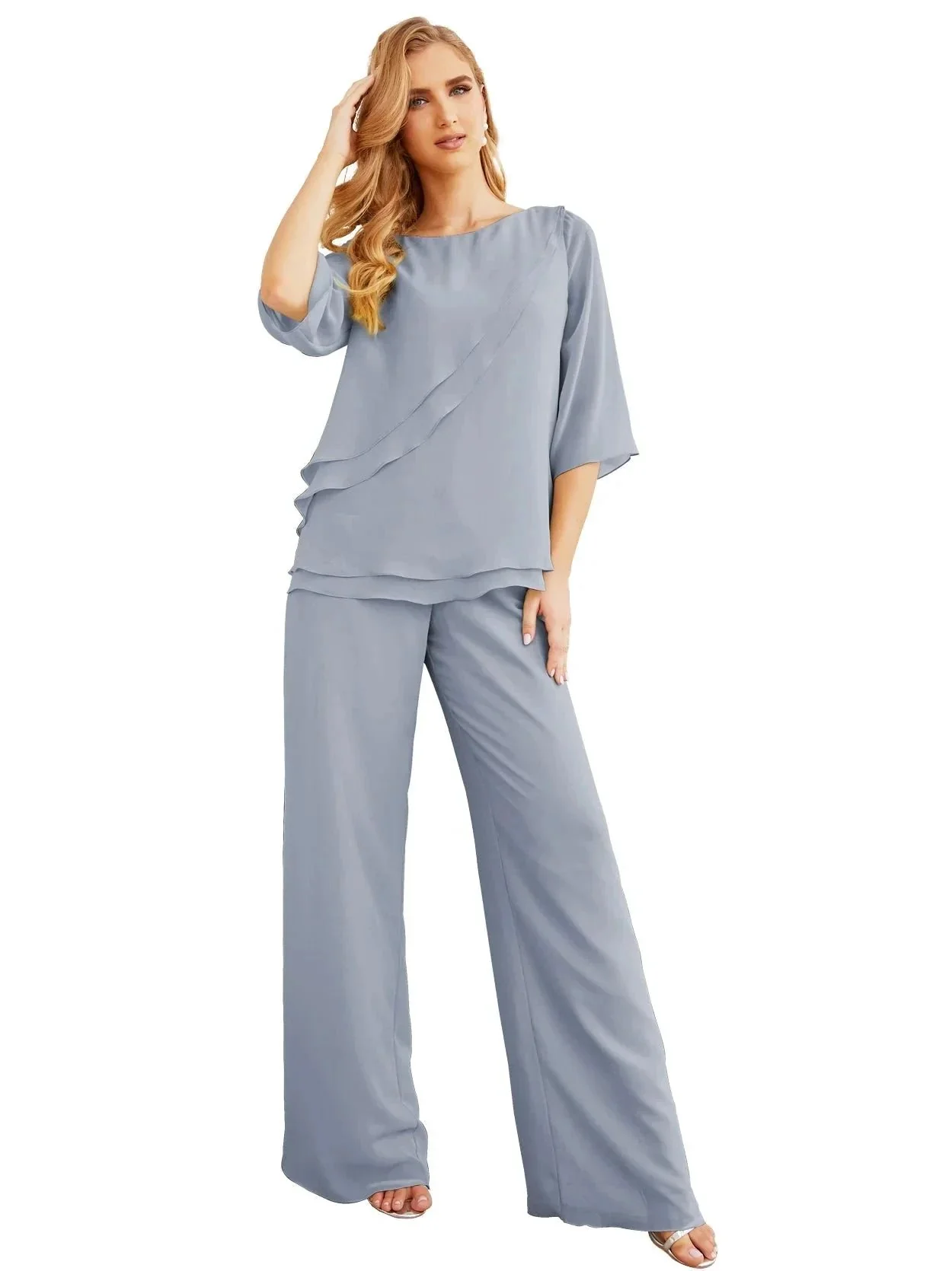 Sunnderly Elegant 2 Piece Mother of The Bride Dress Plus Size Pant Suits Ruffle Layers Sliver Housecoat SY28064 - Image 16
