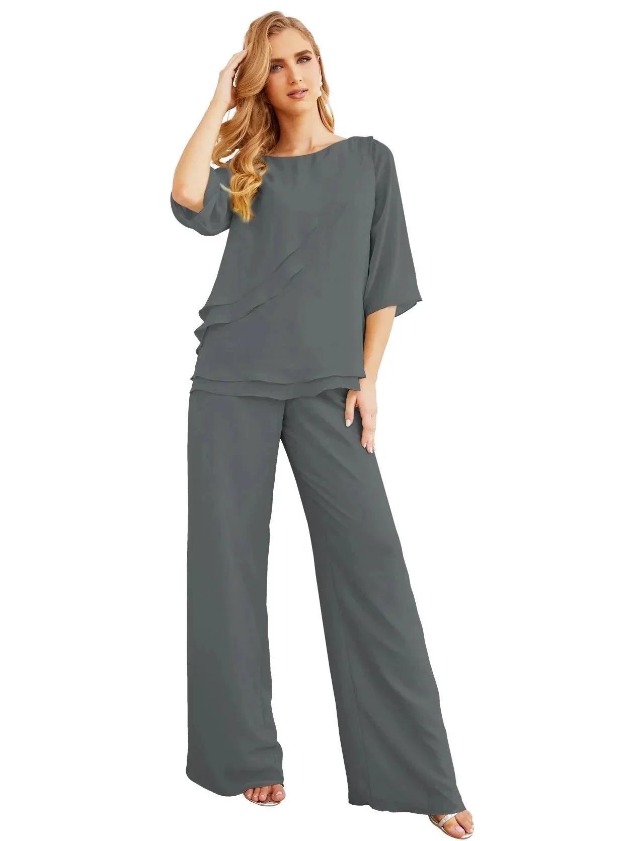 Sunnderly Elegant 2 Piece Mother of The Bride Dress Plus Size Pant Suits Ruffle Layers Sliver Housecoat SY28064 - Image 185