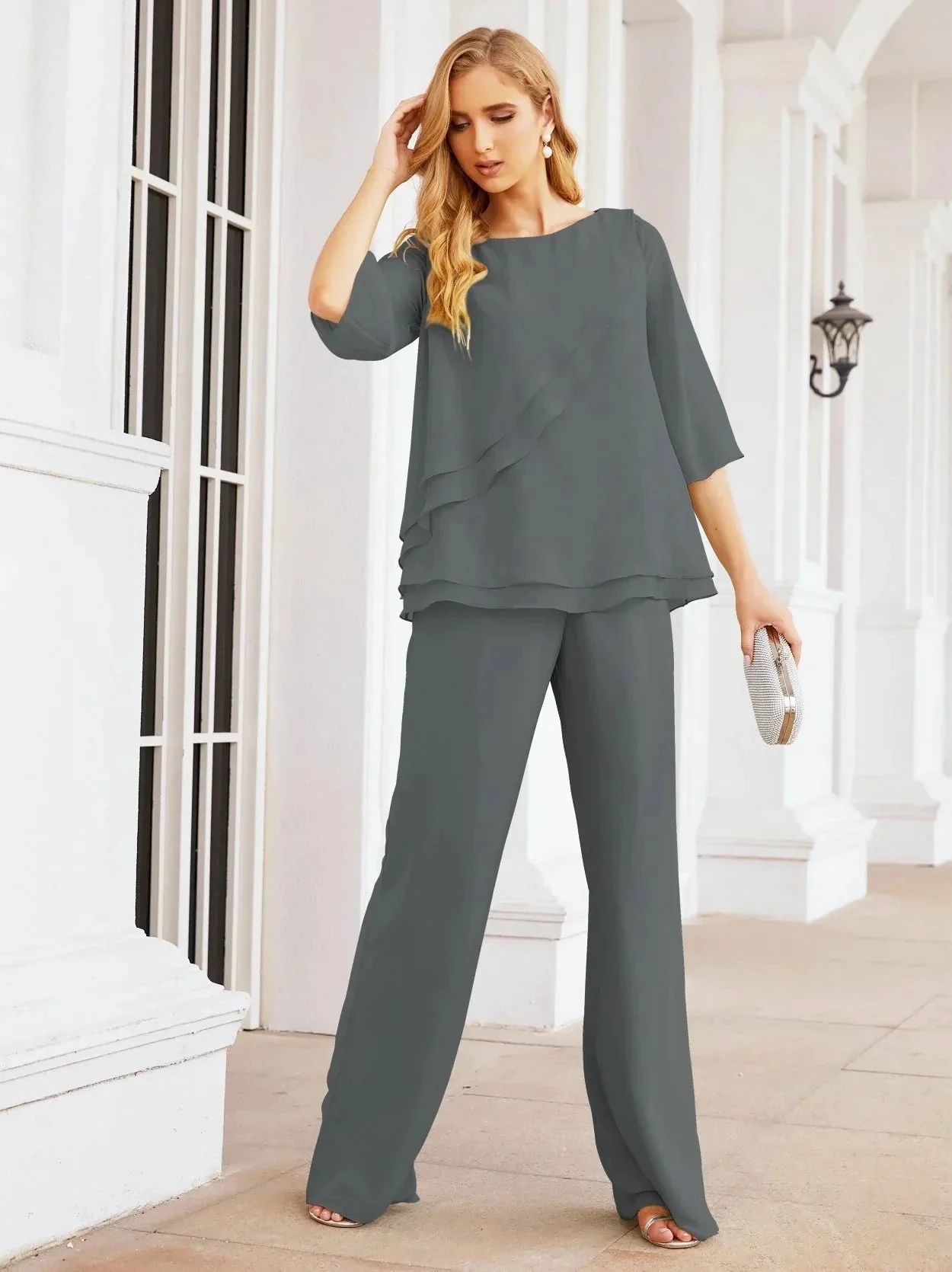 Sunnderly Elegant 2 Piece Mother of The Bride Dress Plus Size Pant Suits Ruffle Layers Sliver Housecoat SY28064 - Image 188
