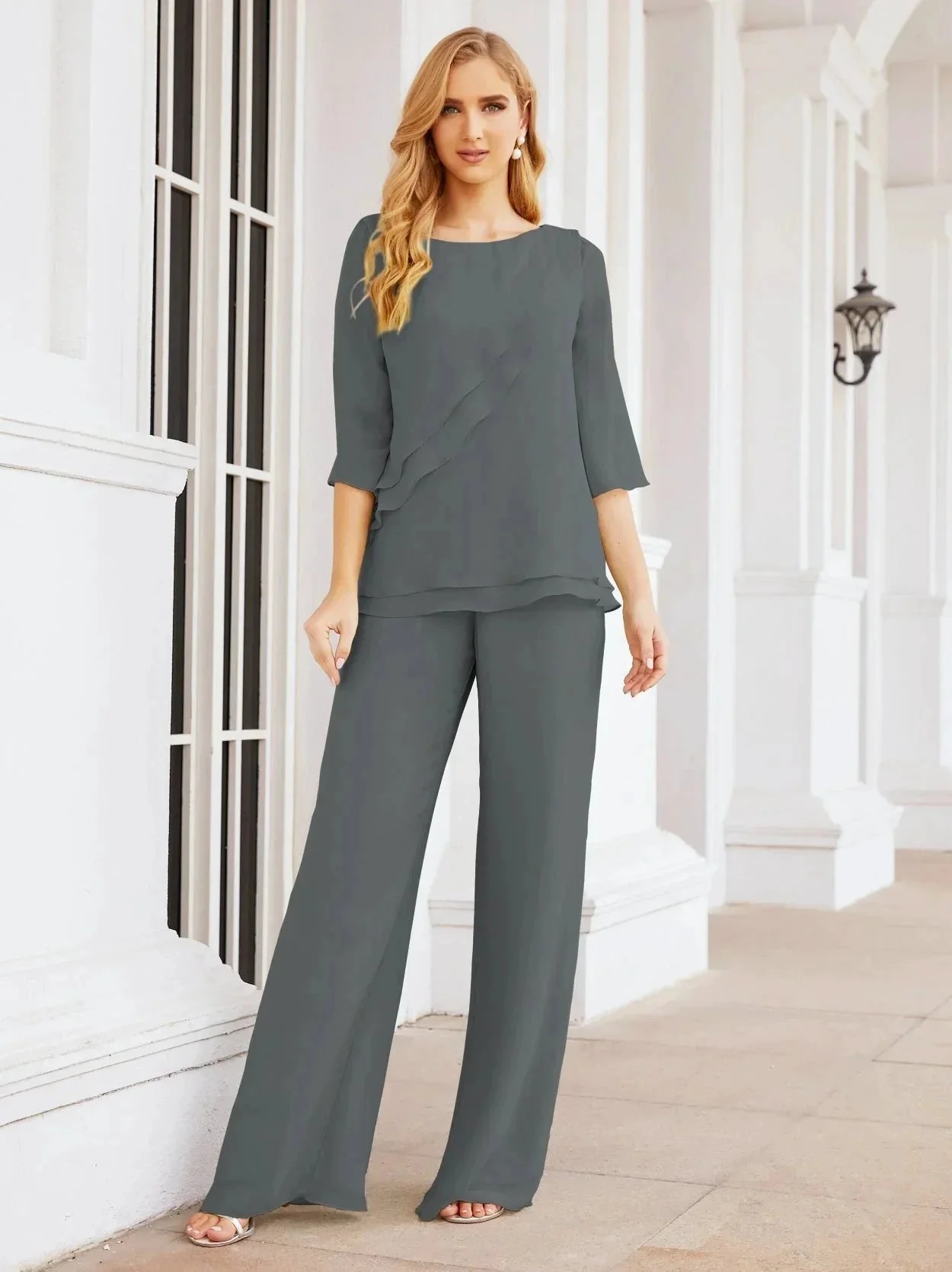 Sunnderly Elegant 2 Piece Mother of The Bride Dress Plus Size Pant Suits Ruffle Layers Sliver Housecoat SY28064 - Image 189
