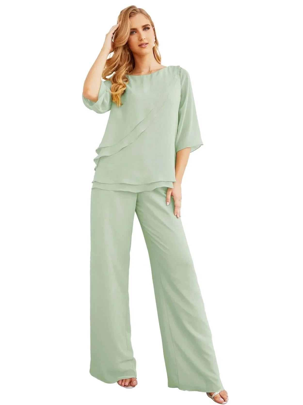 Sunnderly Elegant 2 Piece Mother of The Bride Dress Plus Size Pant Suits Ruffle Layers Sliver Housecoat SY28064 - Image 21
