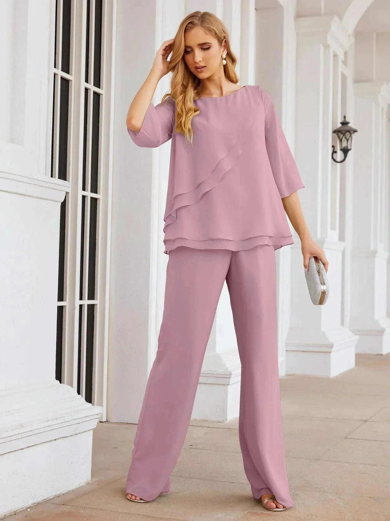 Sunnderly Elegant 2 Piece Mother of The Bride Dress Plus Size Pant Suits Ruffle Layers Sliver Housecoat SY28064 - Image 4