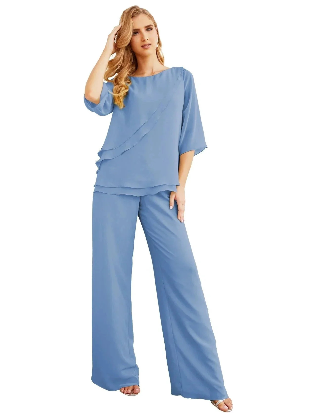 Sunnderly Elegant 2 Piece Mother of The Bride Dress Plus Size Pant Suits Ruffle Layers Sliver Housecoat SY28064 - Image 45