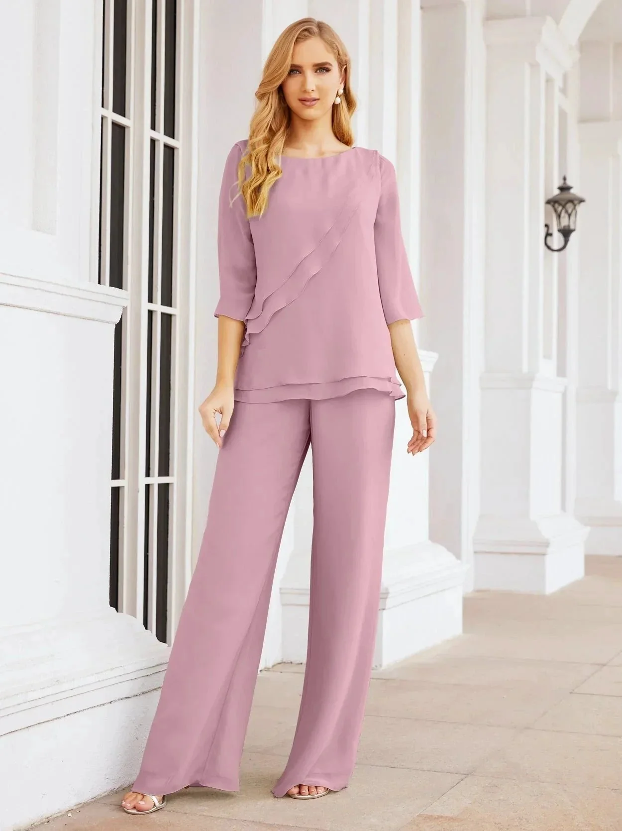 Sunnderly Elegant 2 Piece Mother of The Bride Dress Plus Size Pant Suits Ruffle Layers Sliver Housecoat SY28064 - Image 5