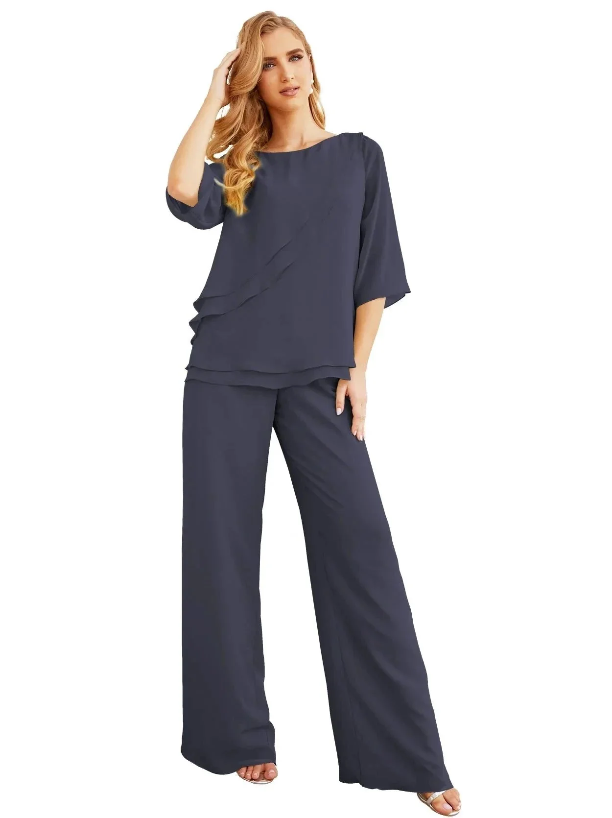 Sunnderly Elegant 2 Piece Mother of The Bride Dress Plus Size Pant Suits Ruffle Layers Sliver Housecoat SY28064 - Image 85