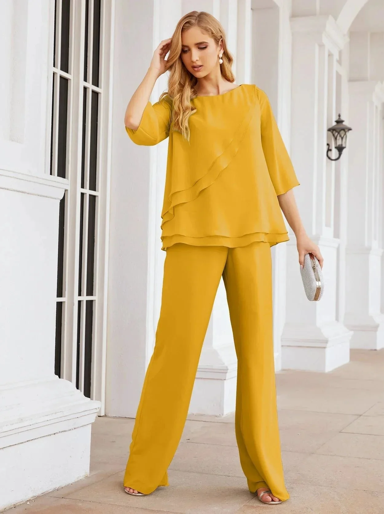 Sunnderly Elegant 2 Piece Mother of The Bride Dress Plus Size Pant Suits Ruffle Layers Sliver Housecoat SY28064 - Image 9