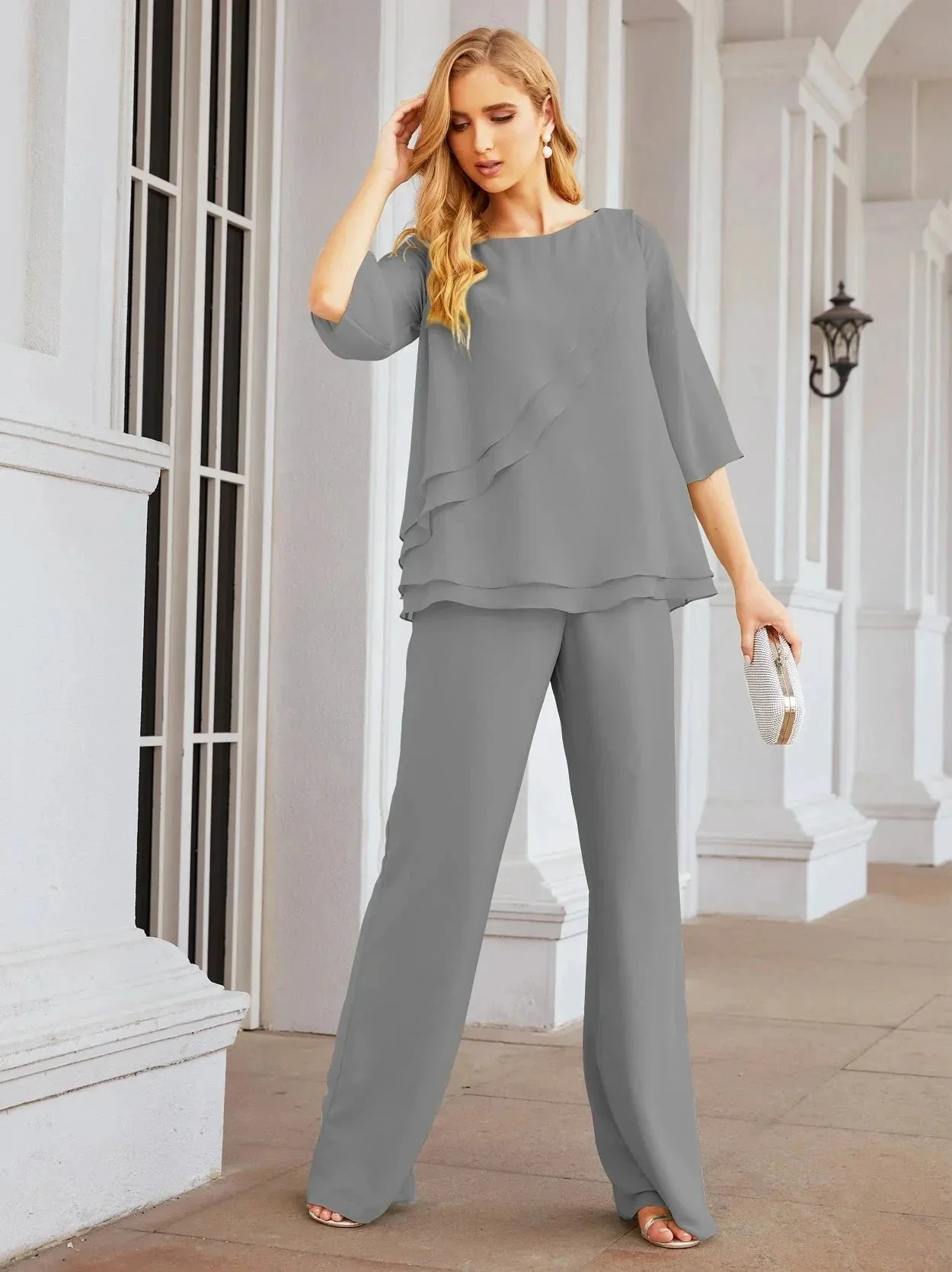 Sunnderly Elegant 2 Piece Mother of The Bride Dress Plus Size Pant Suits Ruffle Layers Sliver Housecoat SY28064 - Image 98