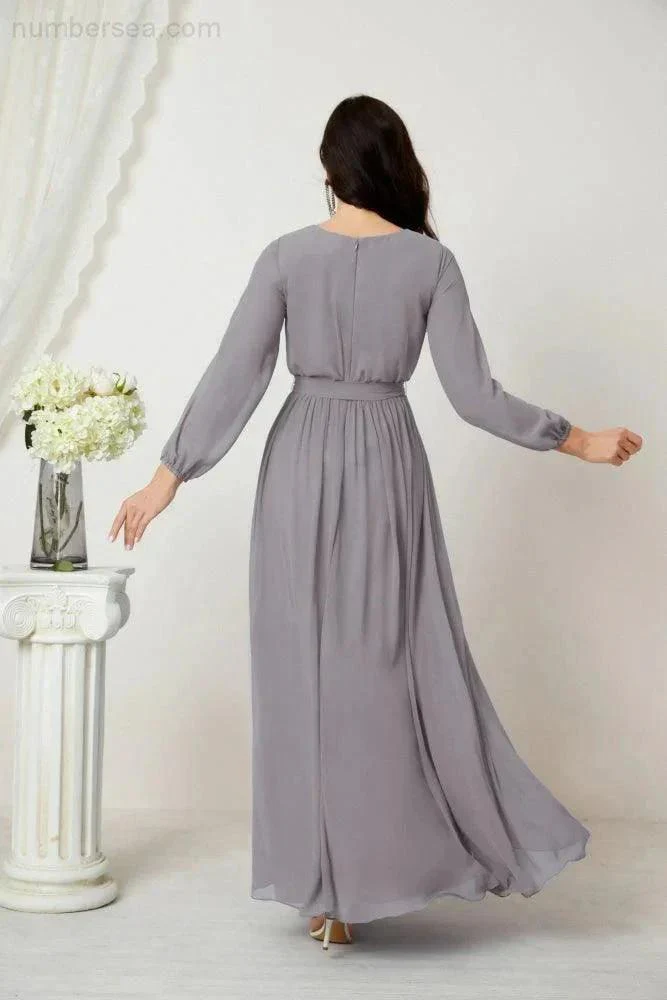 Sunnderly Evening Dresses Deep V-Neck Chiffon Bridesmaid Dresses Long Bishop Sleeve Side Split Formal Dress SY2806 - Image 10