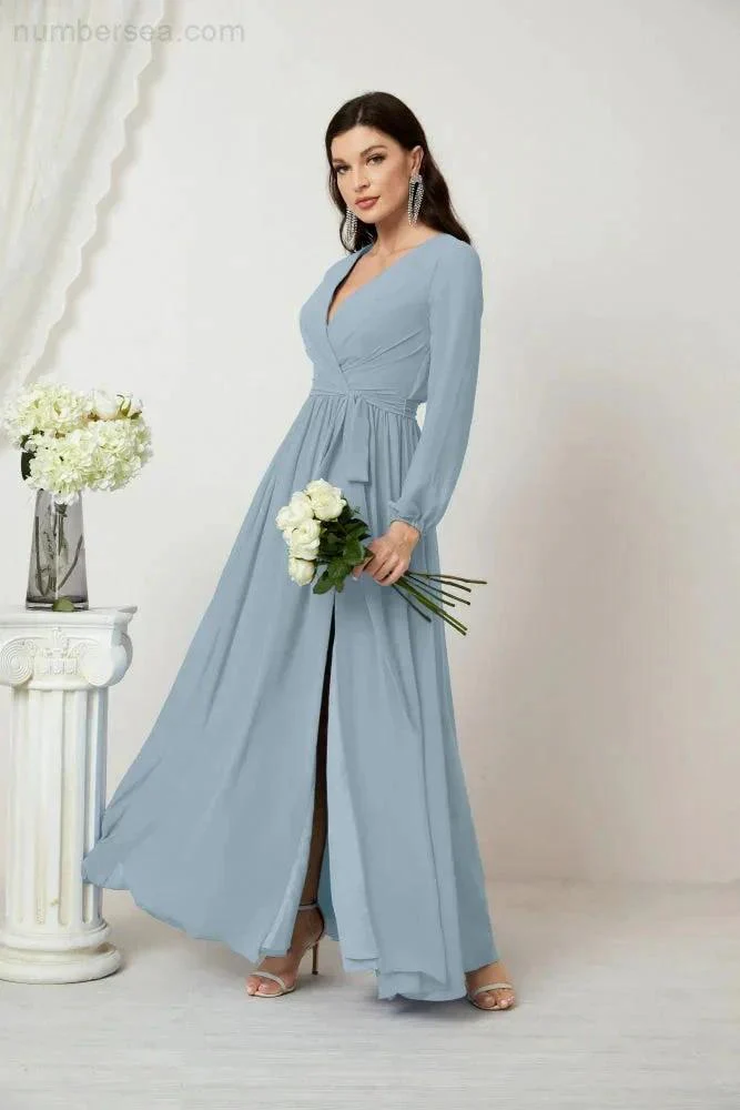 Sunnderly Evening Dresses Deep V-Neck Chiffon Bridesmaid Dresses Long Bishop Sleeve Side Split Formal Dress SY2806 - Image 100
